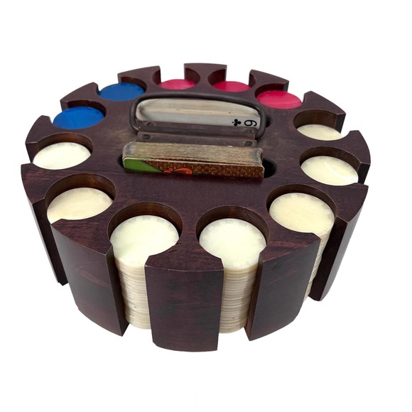 Unbranded Games Vintage Wooden Rotating Poker Chip Carousel Set